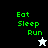 Green pixelated text 'Eat Sleep Run' appears on four distinct backgrounds with a small star-shaped figure changing from white to black.