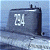 Pixelated image of a dark gray submarine with white numerals '24' on its side, floating in blue water with a light blue sky background.