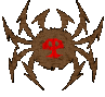 Two identical pixelated brown spider icons with red symbols on their backs, side-by-side against a light gray background.