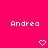 Pixelated pink background with repeated white text "Andrea" and heart symbols in a