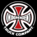 Circular icon with a black background featuring a stylized cross design in red, white, and gray tones.