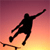 Silhouette of a person performing a skateboarding trick against a gradient sunset background with visible pixelation and dithering effects.