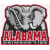 Static pixelated icon featuring a gray elephant head silhouette with red border and bold red text "ALABAMA" below, set against white background.