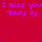 Red background with repeated purple text "I miss you" and "^Emily ily" in pixelated font, scattered blue dots, and a gray rectangle in bottom-right corner.