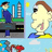 Pixelated static image shows two distinct cartoon characters: one in blue outfit with dark hair and another with light skin, brown hair, and pink mouth against a sky background.