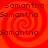 Red spiral background with repeated dark red text "Samantha" in pixelated font across four quadrants.