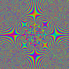 repeating circular patterns with shifting rainbow-colored outlines on a blue background, forming a kaleidoscopic visual effect