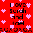 Red background with pink heart shapes and repeated black text reading "I love Sarah and Kaeli xoxoxox" in pixelated font.
