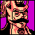 Pixelated static icon of a stylized character with peach and pink tones against purple background, featuring checkered patterns on left side and black accents for facial features and clothing.