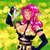 Pixelated figure with pink hair holds a silver object against a green-yellow gradient background.