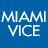 blue, black, white, and gray squares contains partial images of a man with dark hair and sunglasses alongside repeated "MIAMI VICE" text in white on blue backgrounds