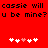 Red background with black pixelated text reading 'cassie will u be mine? u be mine?' and two of white/pink heart icons