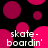 Black background with scattered pink and magenta circles; white text 'skate-boardin'' repeated in four positions.