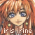 Pixelated anime-style character with light brown hair and blue eyes, wearing green earrings, with text 'iris irine' below.