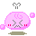 Pixelated pink blob with 'CG' text, X-shaped eyes, red cheeks, and a frown on gray background; four variations show bubble positions shifting left to right.
