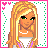 A 4x3 contact sheet of pixel art frames showing a blonde doll character in various poses and outfits with text elements, set against a pink border with green dotted lines and heart accents.