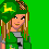Pixelated avatar with green cap and yellow logo, white tank top, and long blonde hair against green background with white letters B R A N D i