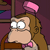 Pixelated cartoon character with brown hair, large white eyes, and a pink bow tie, seated in a chair with a pink heart-shaped object above the head.