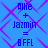Blue background with pink geometric pattern and repeated text 'Allie + Jazmin = BFFL' in blue pixelated font.