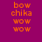 Pixelated text 'bow chika wow wow' in orange on magenta background with pink rectangular overlays in various positions.