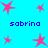 A static image with a bright cyan background featuring pink star shapes and blue text reading "sabrina" in two