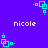 Pixelated cyan geometric shapes on a solid purple background with repeated white text "nicole" in four positions.