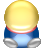 A pixelated icon of a rounded yellow head with a red and white trim, blue body, and white feet against a gray background.
