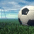 Pixelated soccer ball on grass field with blue sky and clouds, adjacent to green background with purple text reading SHOOTING STARS 3D.