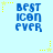 Pixelated blue text reading "BEST ICON EVER" on light blue background with yellow star and dotted line decorations.