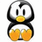 Pixelated penguin with black and white body, yellow beak and feet, standing against a split background of blue and gray containing text