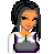 Pixel art character with long dark hair, green eyes, and blue earrings wearing a white shirt under purple and gray top with pleated skirt.