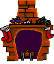 Santa Claus emerges from a brick fireplace with red stockings, green garland, and purple toys on the mantel, moving from the chimney to the hearth.