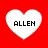Four white heart shapes on a red background, each containing the text "ALLEN" in black pixelated font.
