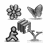 Four grayscale pixelated icons arranged in a 2x2 grid: top-left flower-like shape, top-right bird silhouette, bottom-left seated figure, bottom-right abstract Y-shaped form.
