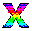 Six pixelated X shapes with rainbow color gradients on a gray background, each displaying distinct color transitions across six positions.