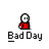 Animated contact sheet showing 18 frames of a pixel art buddy icon sequence featuring a red-shirted character, bus destruction, and text bubbles on gray background.
