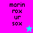 Pixelated text 'marin rox ur sox' on split background with cyan star icon, alternating between pink and blue