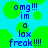 Pixelated blue text on cyan background with green circular shapes, displaying 'omg!!! im o lax freak!!!!' in two identical
