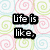 Pixelated text on a pastel spiral background reads "Life is like, a roller-coaster a bunch of twists n' turns." with a small horizontal line below the coaster text.