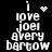 Black background with white pixelated text reading "i love joel avery bartow" in two vertical , each with a small white heart or starburst symbol above the text