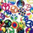 A dense of colorful circular icons with varied patterns and symbols, including peace signs, flowers, and abstract shapes, arranged in and on a white background