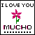 A contact sheet of 13 animated frames showing a pixel art icon with "I LOVE YOU" text, a pink flower, and "MUCHO" text on white background with black borders.