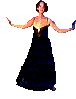 A woman in a black floor-length gown with thin straps performs sequential poses against a solid gray background, her arms and body shifting through multiple angles.