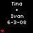 Pixelated text displays 'Tina + Ivan 6-3-08' with red heart symbols increasing in number across three on a black background