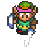 Pixelated character with brown skin wears green hat, pink headband, green vest, blue pants, and black shoes; holds shield and sword; green text 'Original Icons .com' on dark green background.