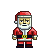 Pixel art Santa Claus figure with red hat, white beard, red jacket, black belt with yellow buckle, and dark pants against gray background.