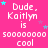 A static image with a bright pink background displays repeated text "Dude, Kaitlyn is soooooo cool" in white pixelated font, interspersed with small cyan and purple stars.