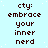 Pixelated text 'cty: embrace your inner nerd' repeated in a on light blue background with white speckles, rightmost partially obscured by gray rectangle