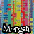Pixelated icon with colorful vertical stripes, four heart shapes in pink blue yellow orange, and text reading 'Morgan', 'Loves', 'You' across sections.