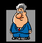 Six cartoon character poses in blue suit with red tie, gray hair, and orange nose against gray background.